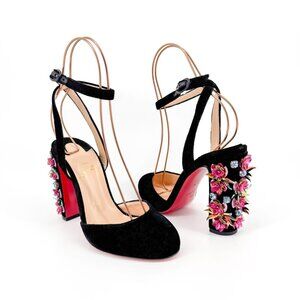 Louboutin Madonaflor Embellished Pumps Black Velvet Size 38 US 8 Women Heels